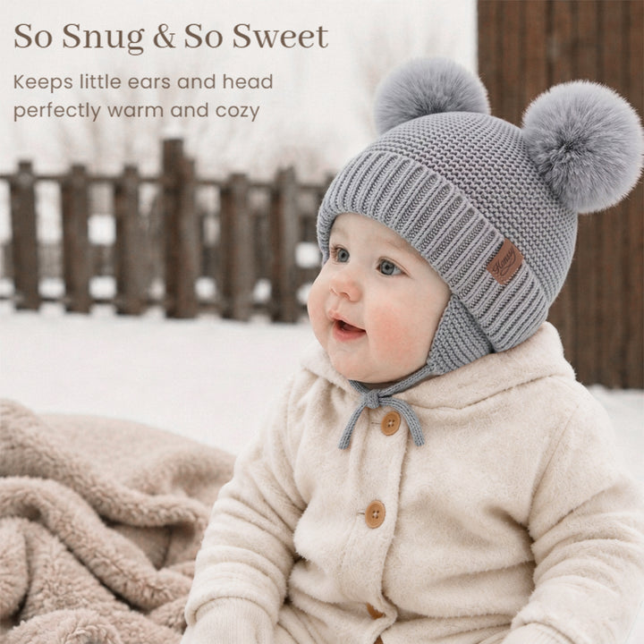 Konssy 2 Pack Baby Beanie Hat with Ear Flaps, Newborn Winter Hat 0-6 Months/60% Soft Cotton Lining to Help Retain Warmth, Secure Tie Closure, Comfy Double Pom-Pom Knit Winter Hat for Baby Boys Girls