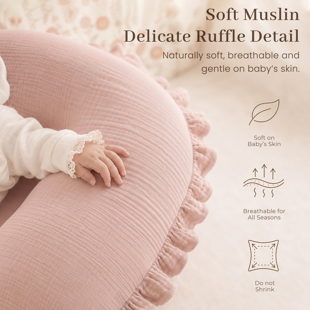 Konssy 2Pack 100% Muslin Cotton Soft Nursing Pillow Covers with Ruffle Trim Covers Only, Breathable & Machine Washable Slipcover, Baby Breastfeeding Pillow Cover for Newborn Boys & Girls, in gift box