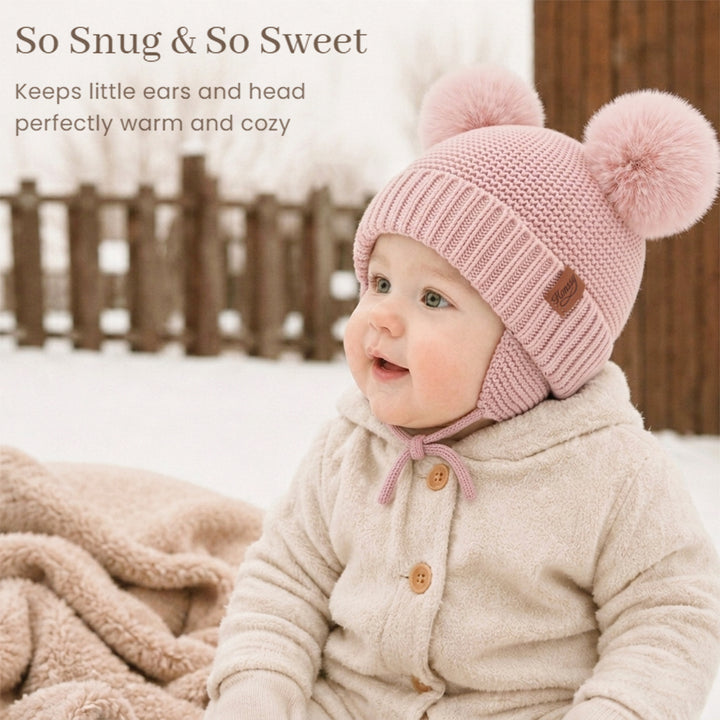 Konssy 2 Pack Baby Beanie Hat with Ear Flaps, Newborn Winter Hat 0-6 Months/60% Soft Cotton Lining to Help Retain Warmth, Secure Tie Closure, Comfy Double Pom-Pom Knit Winter Hat for Baby Boys Girls