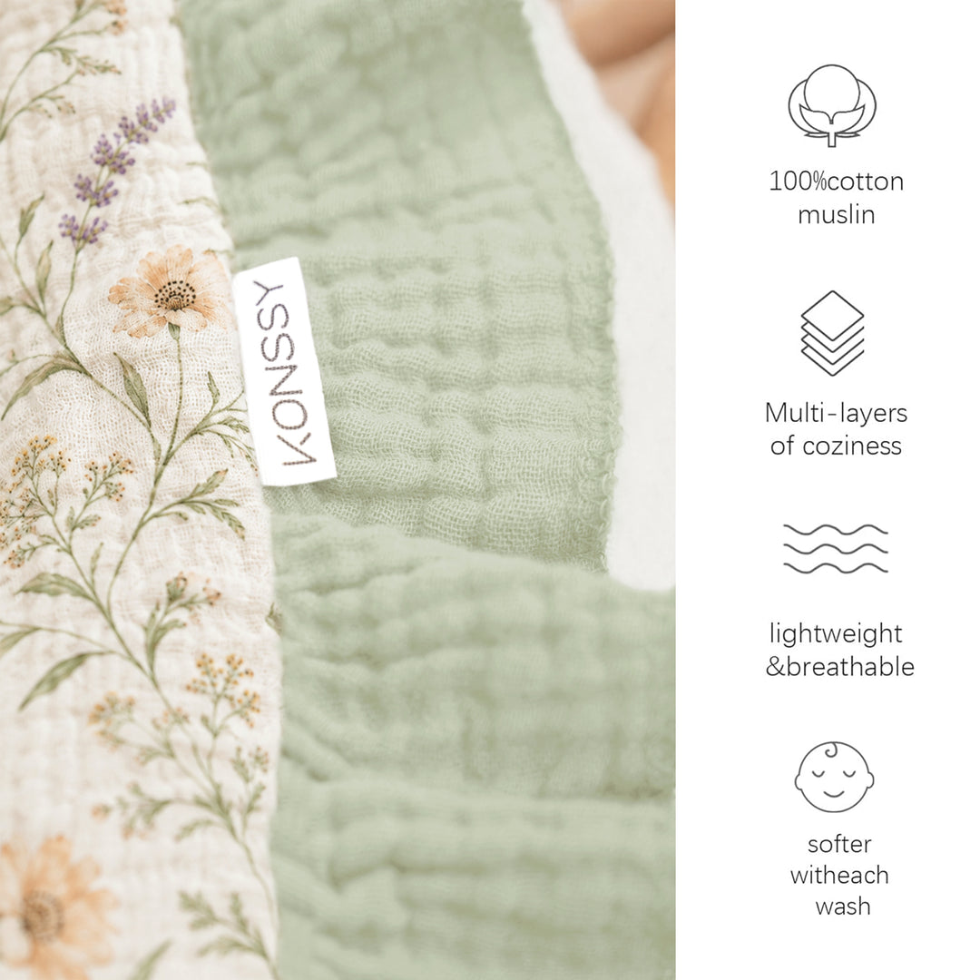 Konssy 100% Cotton Muslin Baby Blanket with Ruffle Trim for Girls, 43"x39" Reversible Design, Ultra Soft & Lightweight, for Swaddling, Crib, Stroller & Nursery Use, from Newborn to Toddler