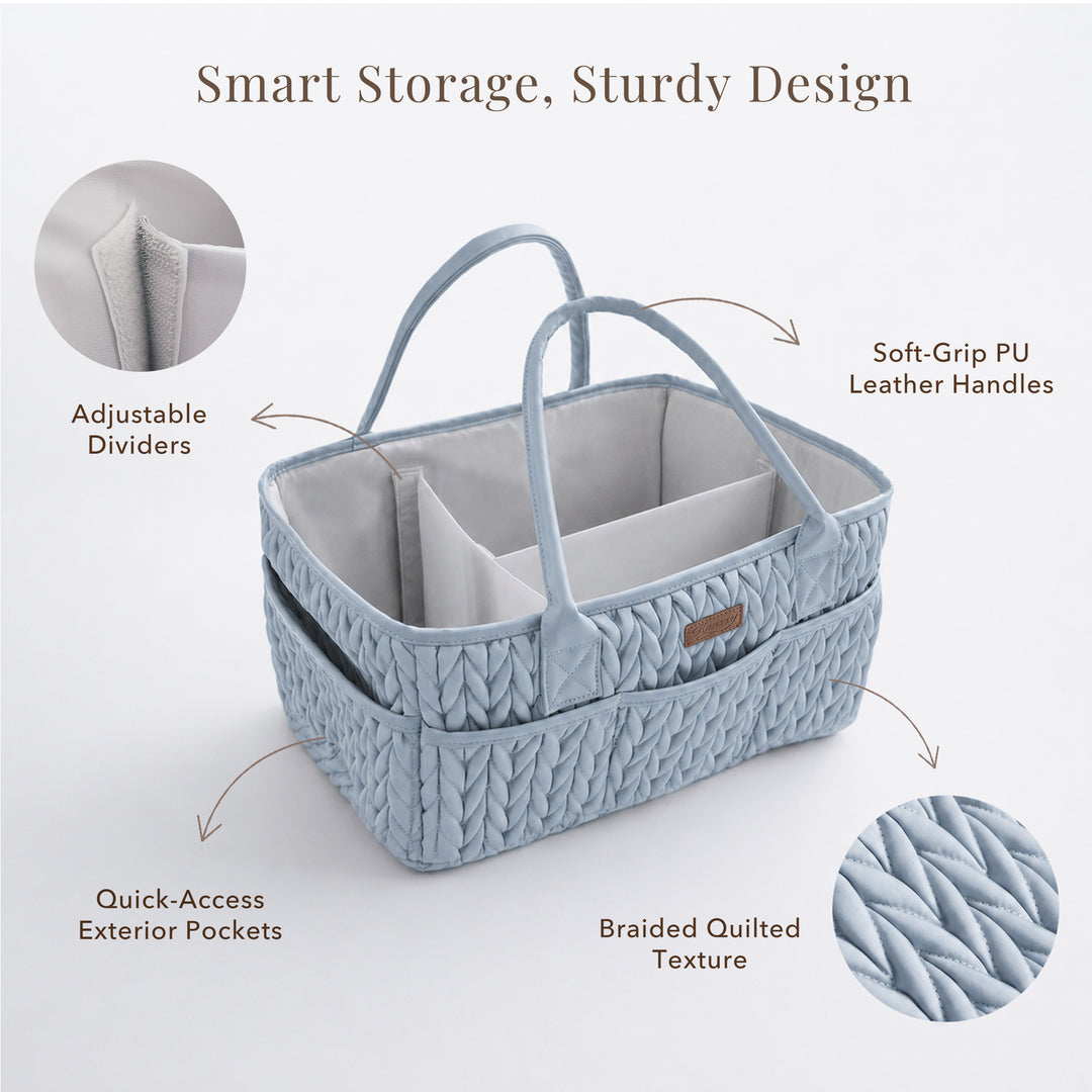 Konssy Baby Diaper Caddy Organizer, Braided Quilted Design with PU Handles | Water-Repellent, Portable Diaper Caddy Basket, Boho Nursery Organizer for Changing Table, Newborn Essentials