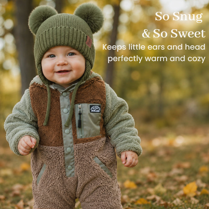Konssy 2 Pack Baby Beanie Hat with Ear Flaps, Newborn Winter Hat 0-6 Months/60% Soft Cotton Lining to Help Retain Warmth, Secure Tie Closure, Comfy Double Pom-Pom Knit Winter Hat for Baby Boys Girls