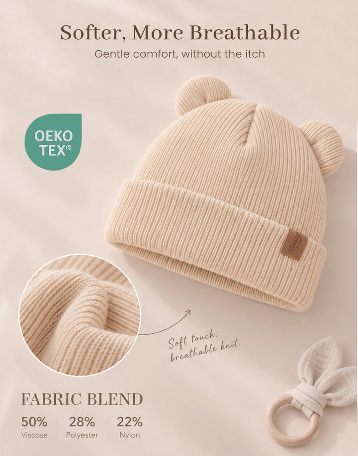 Konssy 4 Pack Baby Beanie with Bear Ear Warm Winter Hat for Newborn Infant Cozy Double-Layer Knitted Warm Cap, Extra-Soft Stretch Beanies, Multicolor Set, Baby Winter Hat for Boys and Girls 0-6 Months