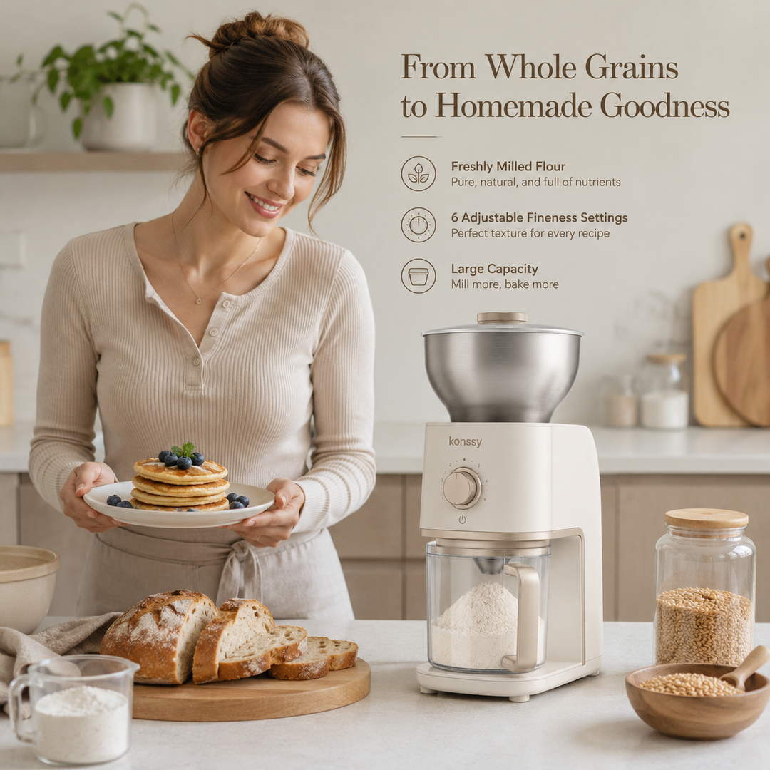 Konssy Electric Grain Mill Grinder, 6-Level Adjustable Flour Mill with Stainless Steel Hopper