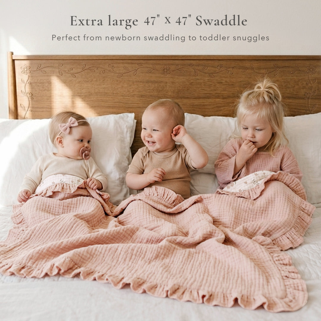 Konssy Flounce Muslin Baby Blanket for Girls Boys 47 x 47 Inches, 100% Cotton Soft Crib Swaddle Blankets, Reversible & Breathable Nursery Bedding for Newborns Toddlers (Blossom)
