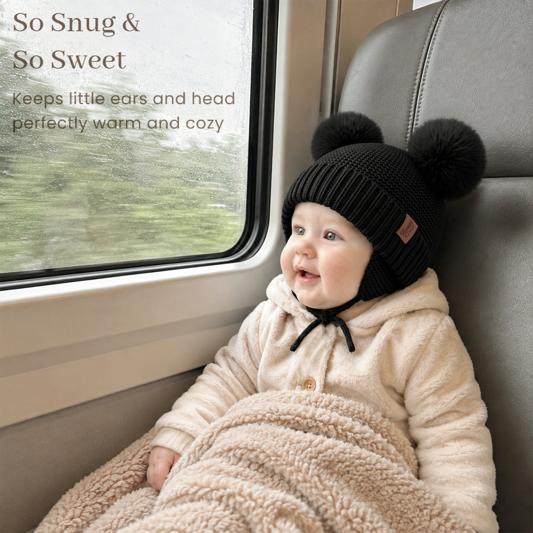 Konssy 2 Pack Baby Beanie Hat with Ear Flaps, Newborn Winter Hat 0-6 Months/60% Soft Cotton Lining to Help Retain Warmth, Secure Tie Closure, Comfy Double Pom-Pom Knit Winter Hat for Baby Boys Girls