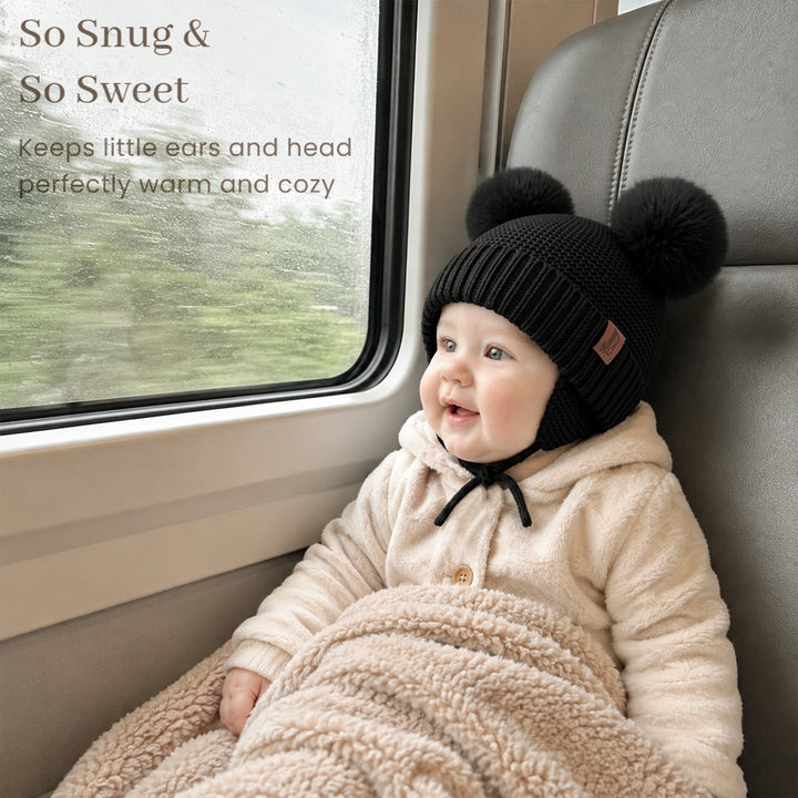 Konssy 2 Pack Baby Beanie Hat with Ear Flaps, Newborn Winter Hat 0-6 Months/60% Soft Cotton Lining to Help Retain Warmth, Secure Tie Closure, Comfy Double Pom-Pom Knit Winter Hat for Baby Boys Girls