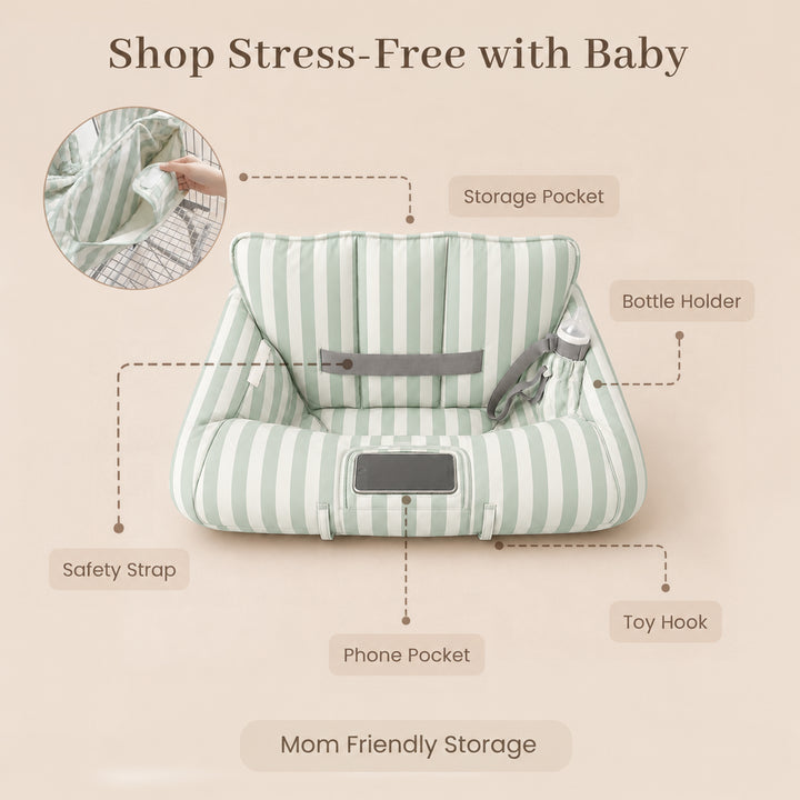Konssy Shopping Cart Cover for Baby, High Chair Cover, 360° Protection Grocery Cart Seat Cover with Storage Pockets, Soft, Machine Washable, Portable with Carry Bag, Boys & Girls, Wide Green