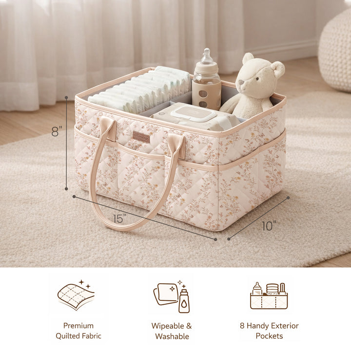 Konssy Floral Quilted Diaper Caddy Organizer, Diaper Caddy Basket with PU Leather Handles, Water-Repellent Nursery Storage Basket, Portable Car Organizer, Registry Search Must Haves (Floral)