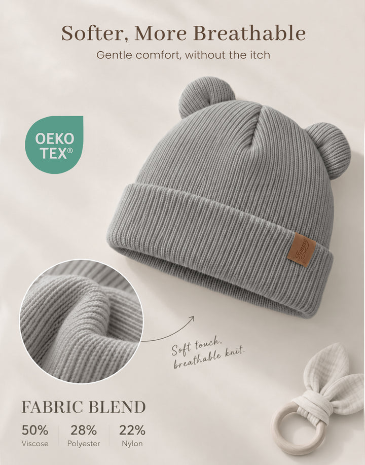 Konssy 4 Pack Baby Beanie with Bear Ear Warm Winter Hat for Newborn Infant Cozy Double-Layer Knitted Warm Cap, Extra-Soft Stretch Beanies, Multicolor Set, Baby Winter Hat for Boys and Girls 0-6 Months