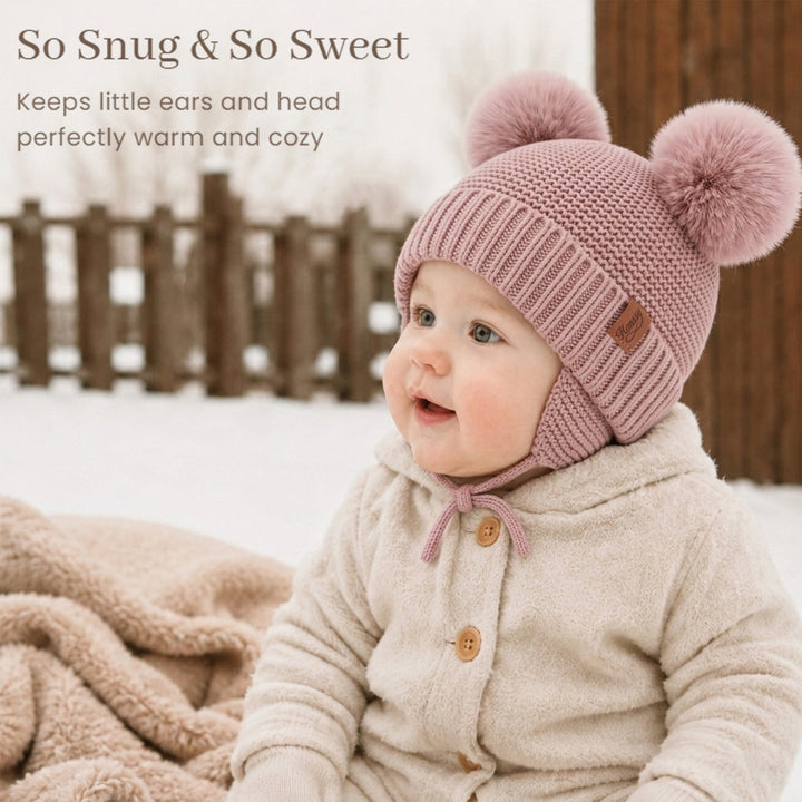 Konssy 2 Pack Baby Beanie Hat with Ear Flaps, Newborn Winter Hat 0-6 Months/60% Soft Cotton Lining to Help Retain Warmth, Secure Tie Closure, Comfy Double Pom-Pom Knit Winter Hat for Baby Boys Girls