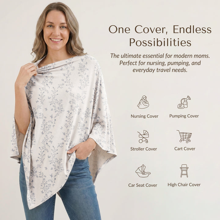 Konssy Rayon Made from Bamboo Nursing Cover for Breastfeeding, Buttery-Soft 360° Full Privacy Nursing Poncho, Breathable Stretchy Breastfeeding Cover, Multi-Use Car Seat Canopy (Blue Garden)