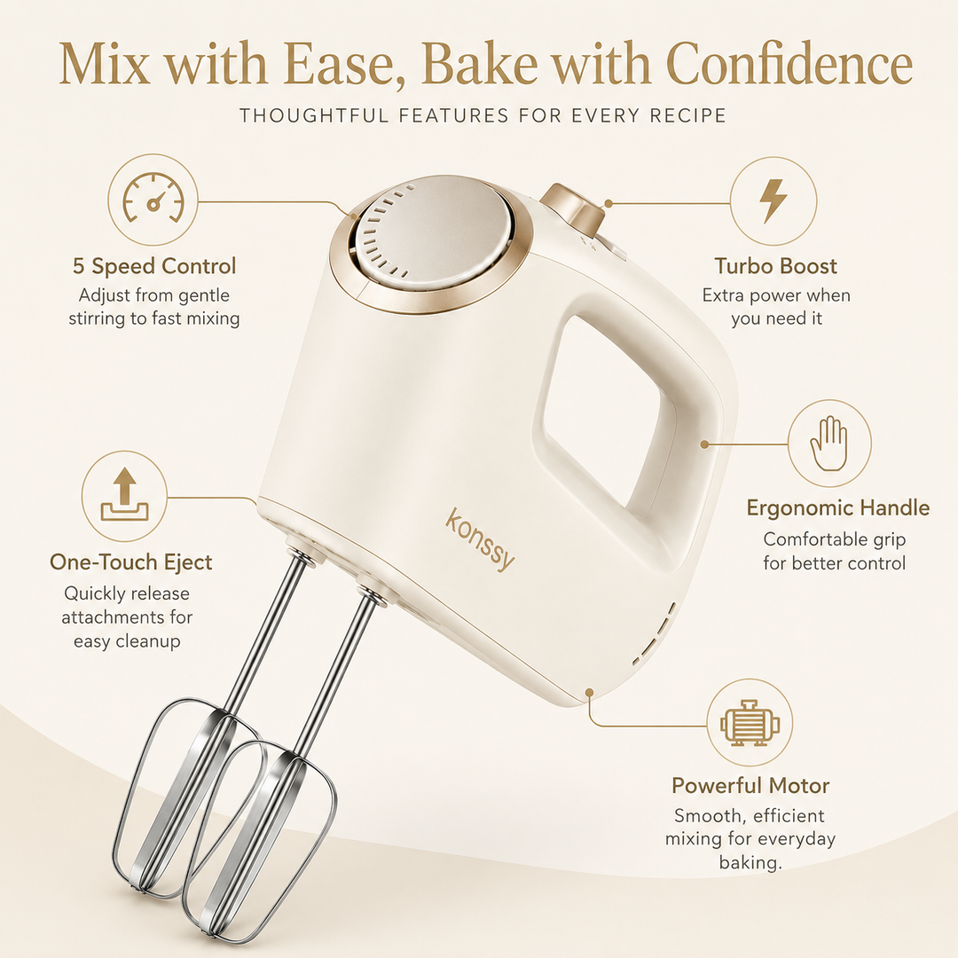 Konssy Electric Hand Mixer, 5-Speed Handheld Kitchen Mixer with Turbo Boost