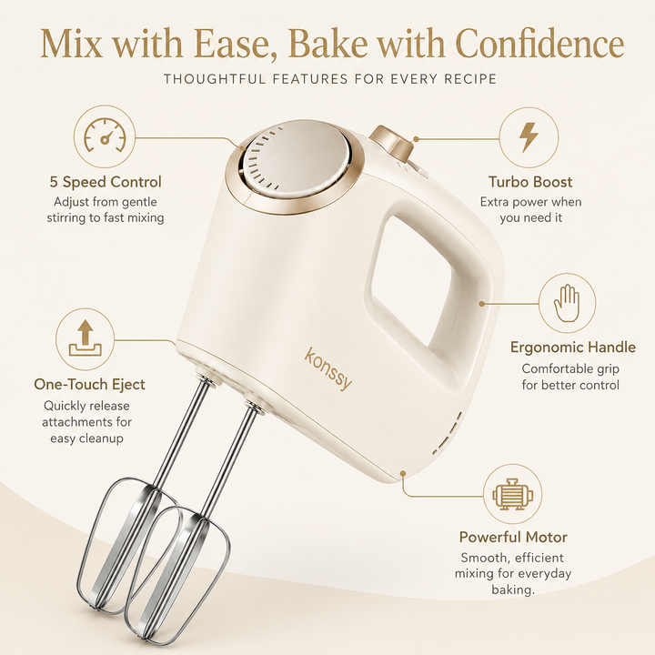Konssy Electric Hand Mixer, 5-Speed Handheld Kitchen Mixer with Turbo Boost