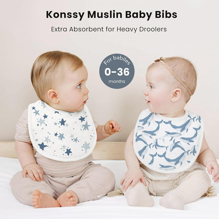 Konssy 8-Pack Muslin Baby Bibs, Adjustable Fit for Drooling and Teething Soft Absorbent, Drool Bibs for Baby Boys Girls, Cotton Front with Fleece Backing, Newborn to Toddler 0-36M