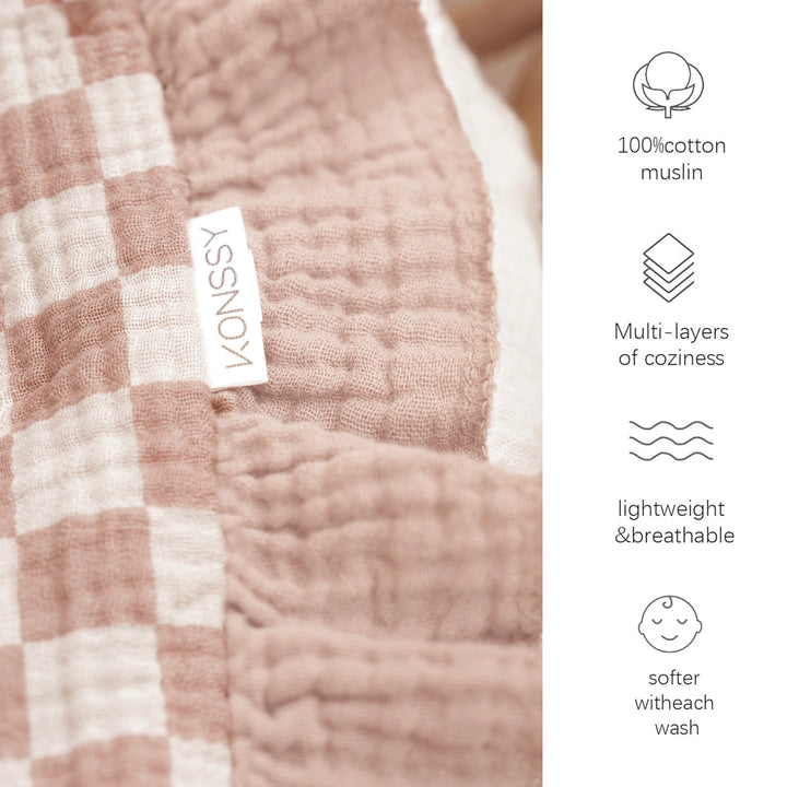 Konssy 100% Cotton Muslin Baby Blanket with Ruffle Trim for Girls, 43"x39" Reversible Design, Ultra Soft & Lightweight, for Swaddling, Crib, Stroller & Nursery Use, from Newborn to Toddler