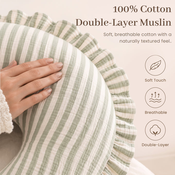 Konssy 100% Muslin Cotton Soft Nursing Pillow Covers with Ruffle Trim Covers Only, Breathable & Machine Washable Slipcover, Baby Breastfeeding Pillow Cover for Newborn Boys & Girls, in gift box