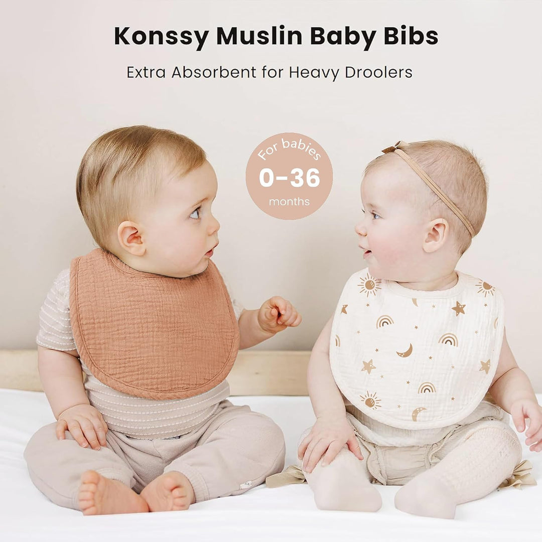 Konssy 8-Pack Muslin Baby Bibs, Adjustable Fit for Drooling and Teething Soft Absorbent, Drool Bibs for Baby Boys Girls, Cotton Front with Fleece Backing, Newborn to Toddler 0-36M