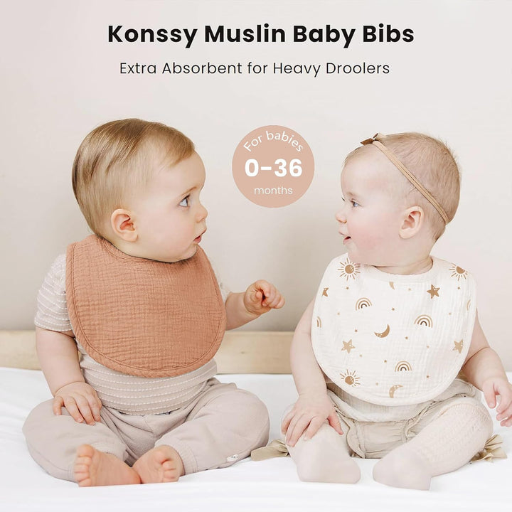 Konssy 8-Pack Muslin Baby Bibs, Adjustable Fit for Drooling and Teething Soft Absorbent, Drool Bibs for Baby Boys Girls, Cotton Front with Fleece Backing, Newborn to Toddler 0-36M