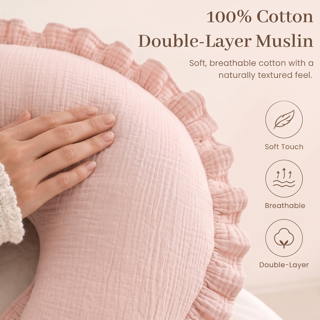 Konssy 100% Muslin Cotton Soft Nursing Pillow Covers with Ruffle Trim Covers Only, Breathable & Machine Washable Slipcover, Baby Breastfeeding Pillow Cover for Newborn Boys & Girls, in gift box