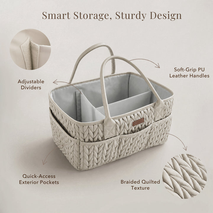 Konssy Baby Diaper Caddy Organizer, Braided Quilted Design with PU Handles | Water-Repellent, Portable Diaper Caddy Basket, Boho Nursery Organizer for Changing Table, Newborn Essentials