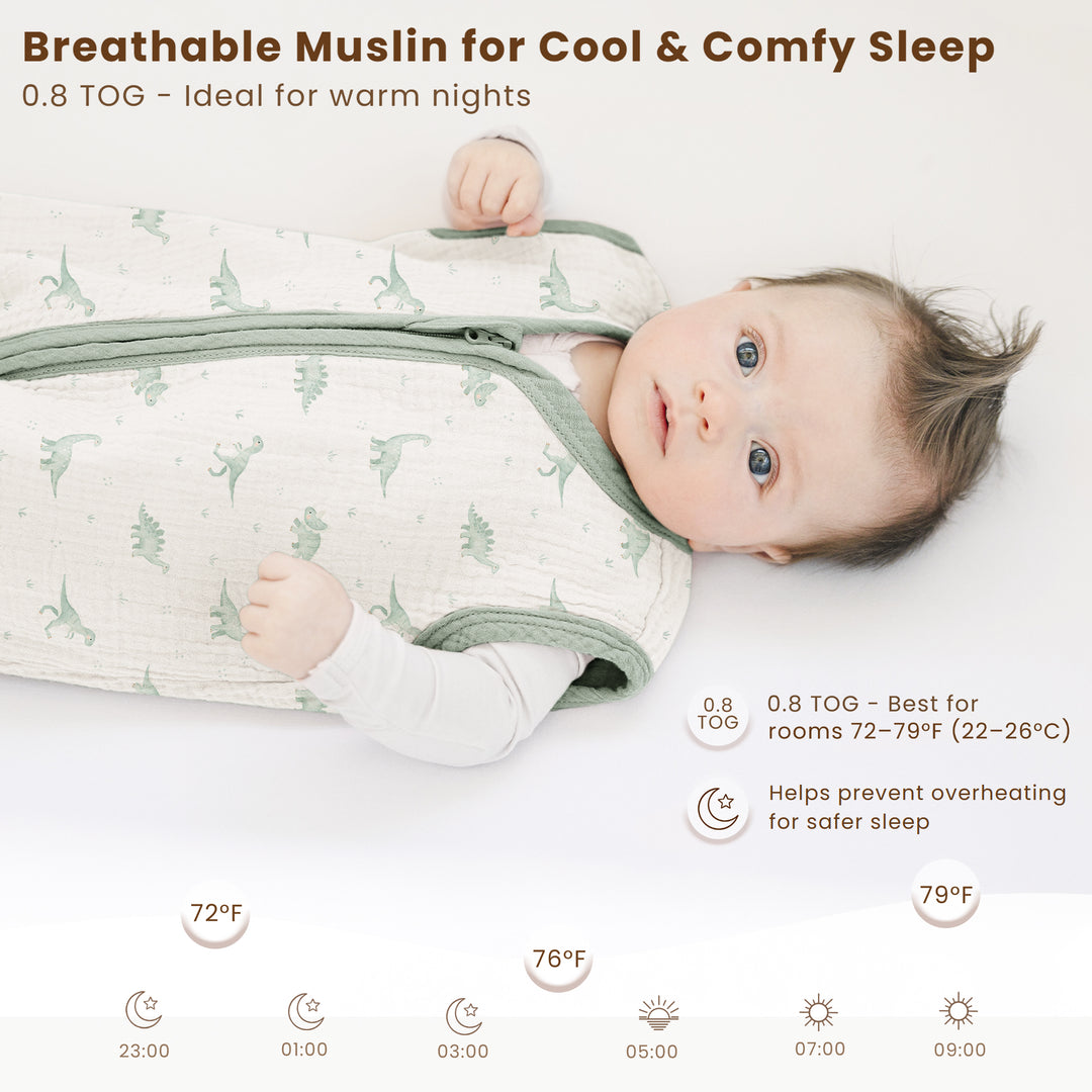 Konssy Muslin Baby Sleep Sack  6-12 Months 0.8 TOG, 2 Pack  100% Cotton Breathable Wearable Blanket with 2-Way Zipper for Baby Girls and Boys