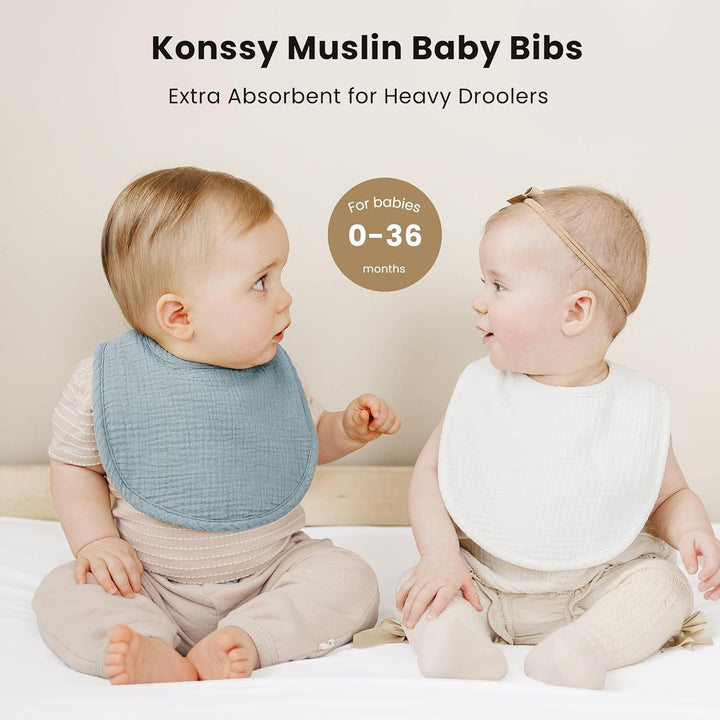 Konssy 8-Pack Muslin Baby Bibs, Adjustable Fit for Drooling and Teething Soft Absorbent, Drool Bibs for Baby Boys Girls, Cotton Front with Fleece Backing, Newborn to Toddler 0-36M
