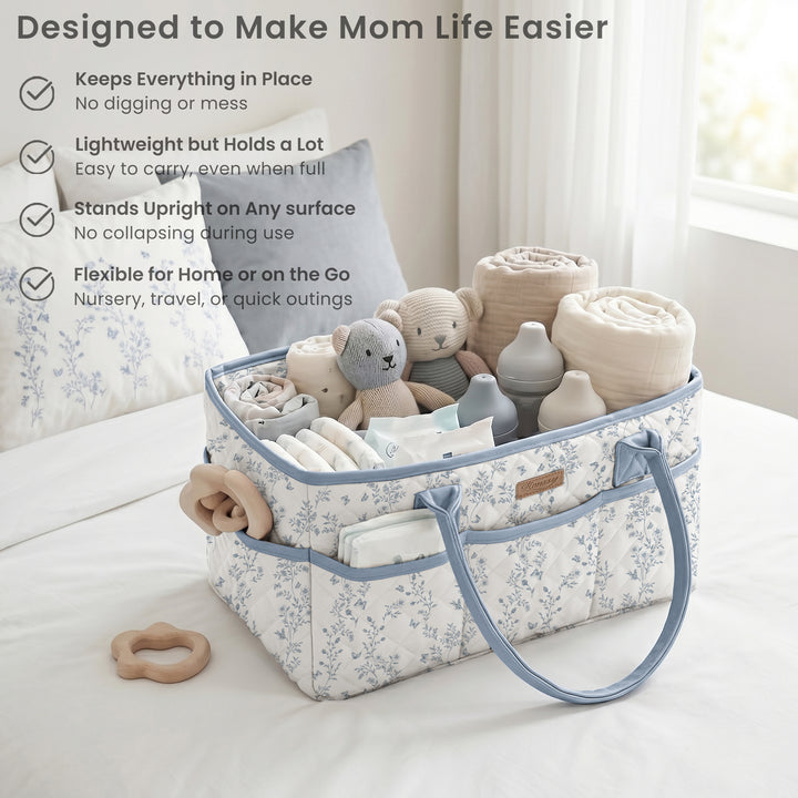 Konssy Quilted Diaper Caddy Organizer, Diaper Caddy Basket with Vegan Leather Handles, Water-Repellent Nursery Storage Basket, Portable Car Organizer, Registry Search Must Haves
