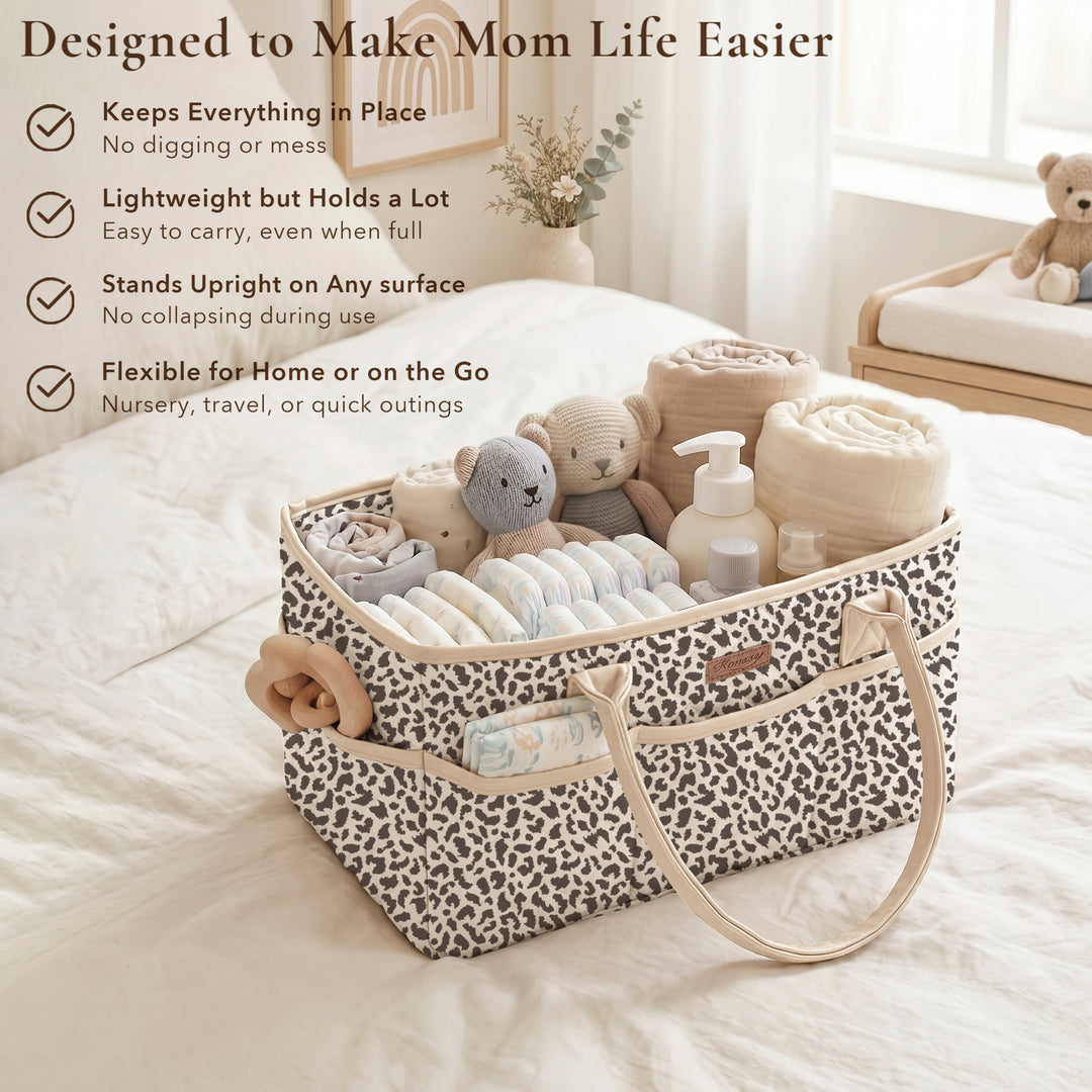 Konssy Quilted Diaper Caddy Organizer, Diaper Caddy Basket with Vegan Leather Handles, Water-Repellent Nursery Storage Basket, Portable Car Organizer, Registry Search Must Haves
