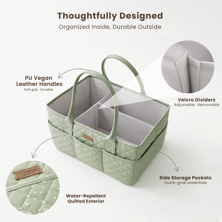 Konssy Quilted Diaper Caddy Organizer, Diaper Caddy Basket with Vegan Leather Handles, Water-Repellent Nursery Storage Basket, Portable Car Organizer, Registry Search Must Haves (Fog Green)