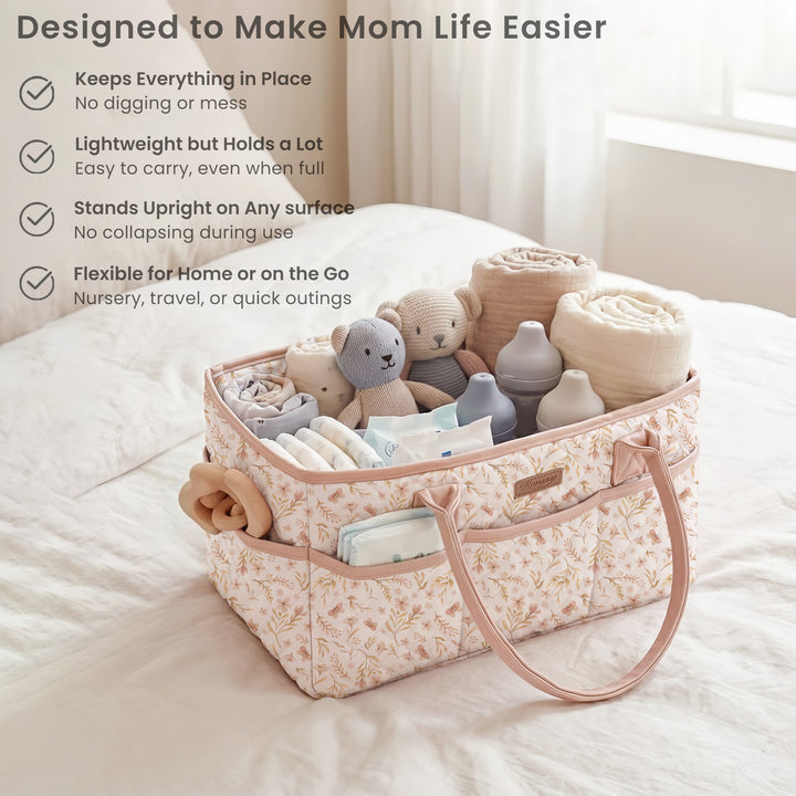 Konssy Quilted Diaper Caddy Organizer, Diaper Caddy Basket with Vegan Leather Handles, Water-Repellent Nursery Storage Basket, Portable Car Organizer, Registry Search Must Haves