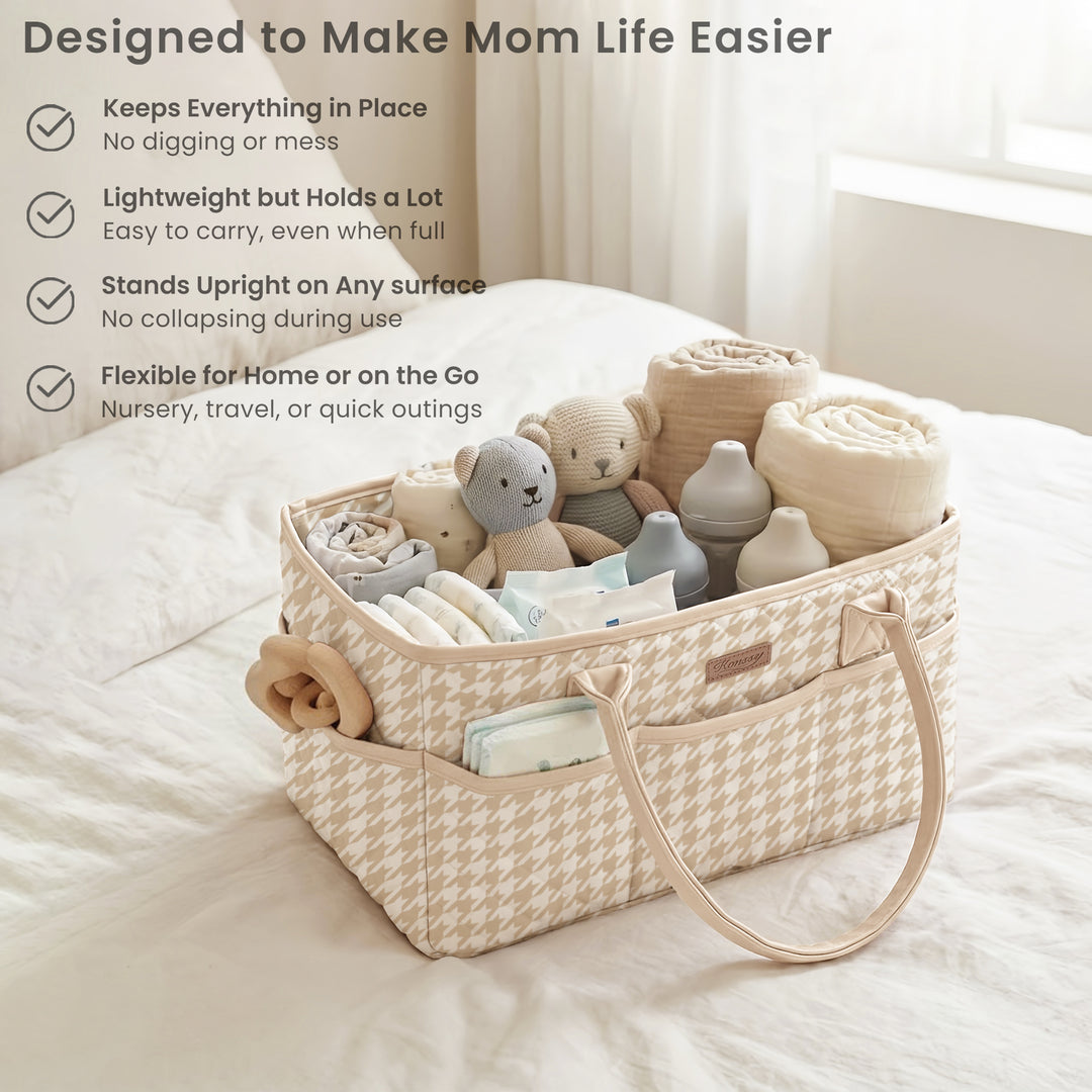 Konssy Quilted Diaper Caddy Organizer, Diaper Caddy Basket with Vegan Leather Handles, Water-Repellent Nursery Storage Basket, Portable Car Organizer, Registry Search Must Haves