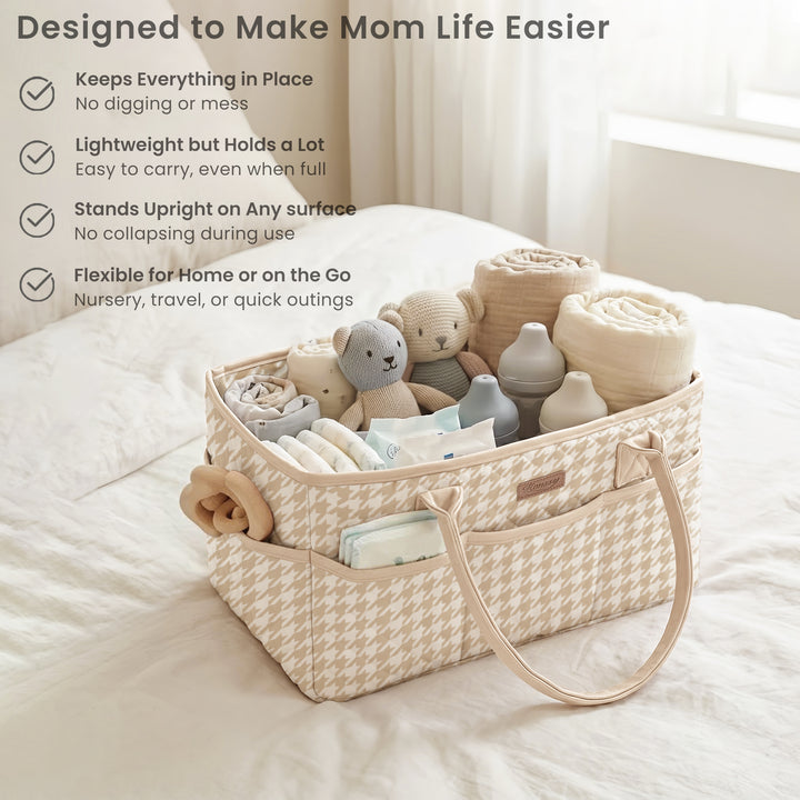 Konssy Quilted Diaper Caddy Organizer, Diaper Caddy Basket with Vegan Leather Handles, Water-Repellent Nursery Storage Basket, Portable Car Organizer, Registry Search Must Haves