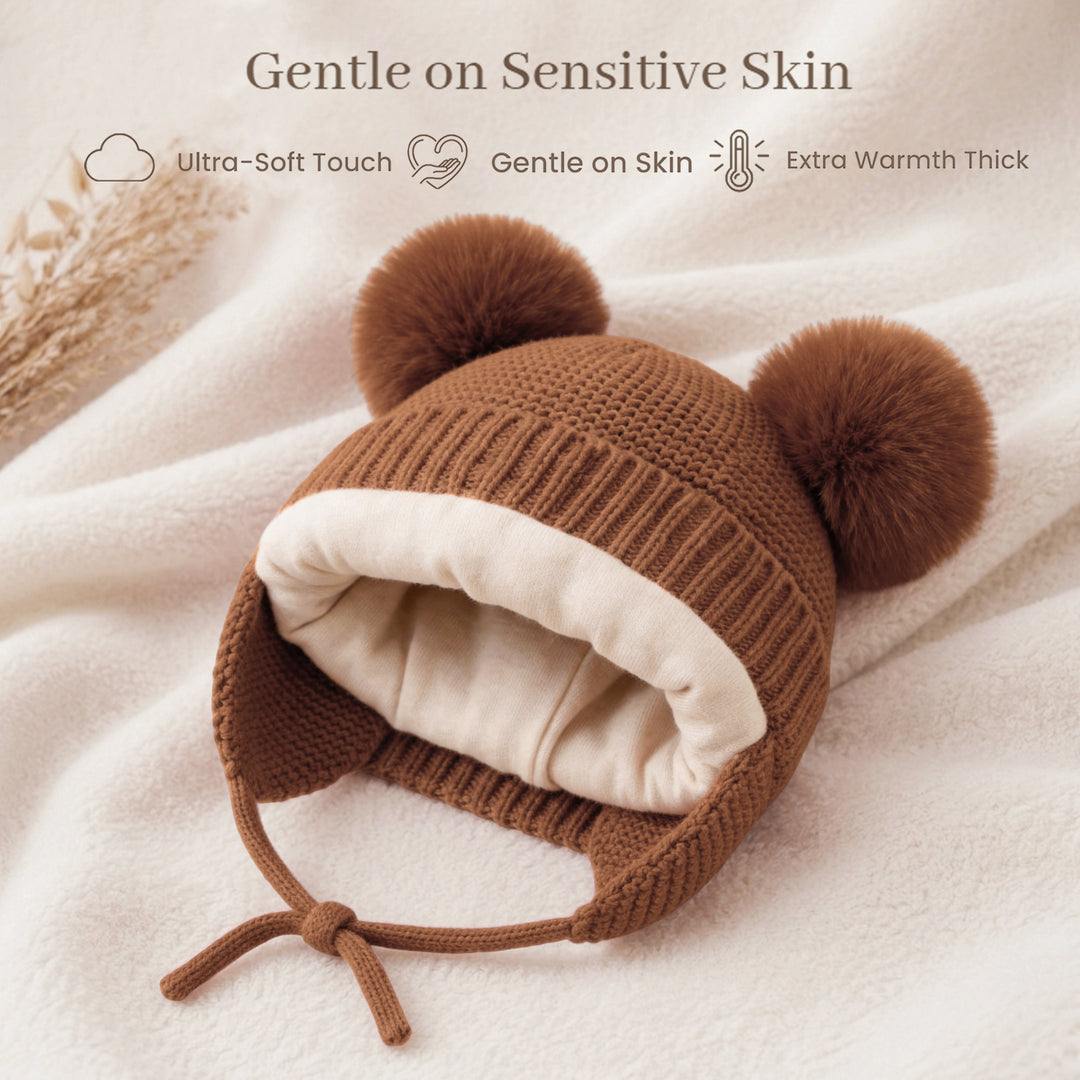 Konssy 2 Pack Baby Beanie Hat with Ear Flaps, Newborn Winter Hat 0-6 Months/60% Soft Cotton Lining to Help Retain Warmth, Secure Tie Closure, Comfy Double Pom-Pom Knit Winter Hat for Baby Boys Girls