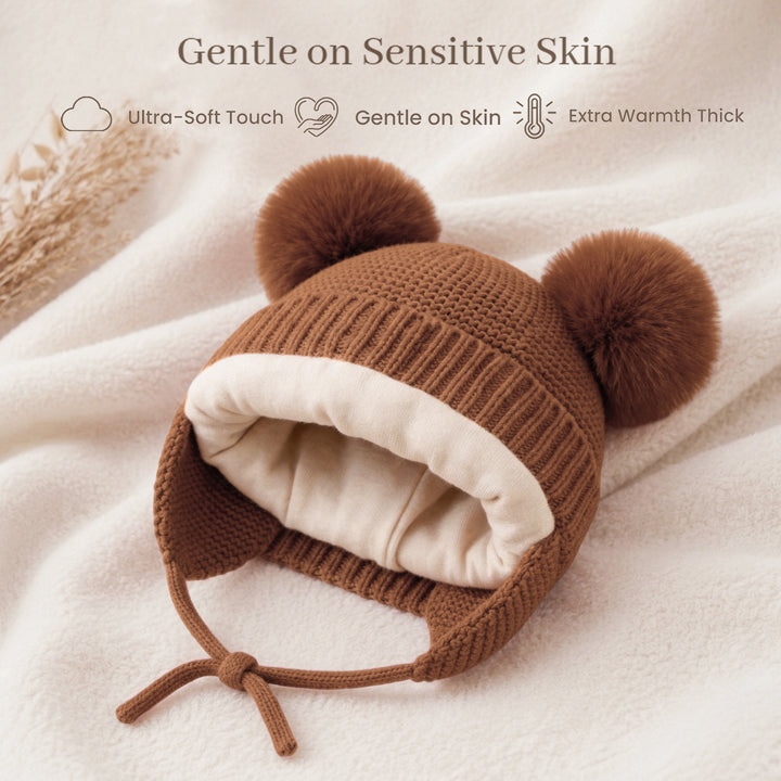 Konssy 2 Pack Baby Beanie Hat with Ear Flaps, Newborn Winter Hat 0-6 Months/60% Soft Cotton Lining to Help Retain Warmth, Secure Tie Closure, Comfy Double Pom-Pom Knit Winter Hat for Baby Boys Girls