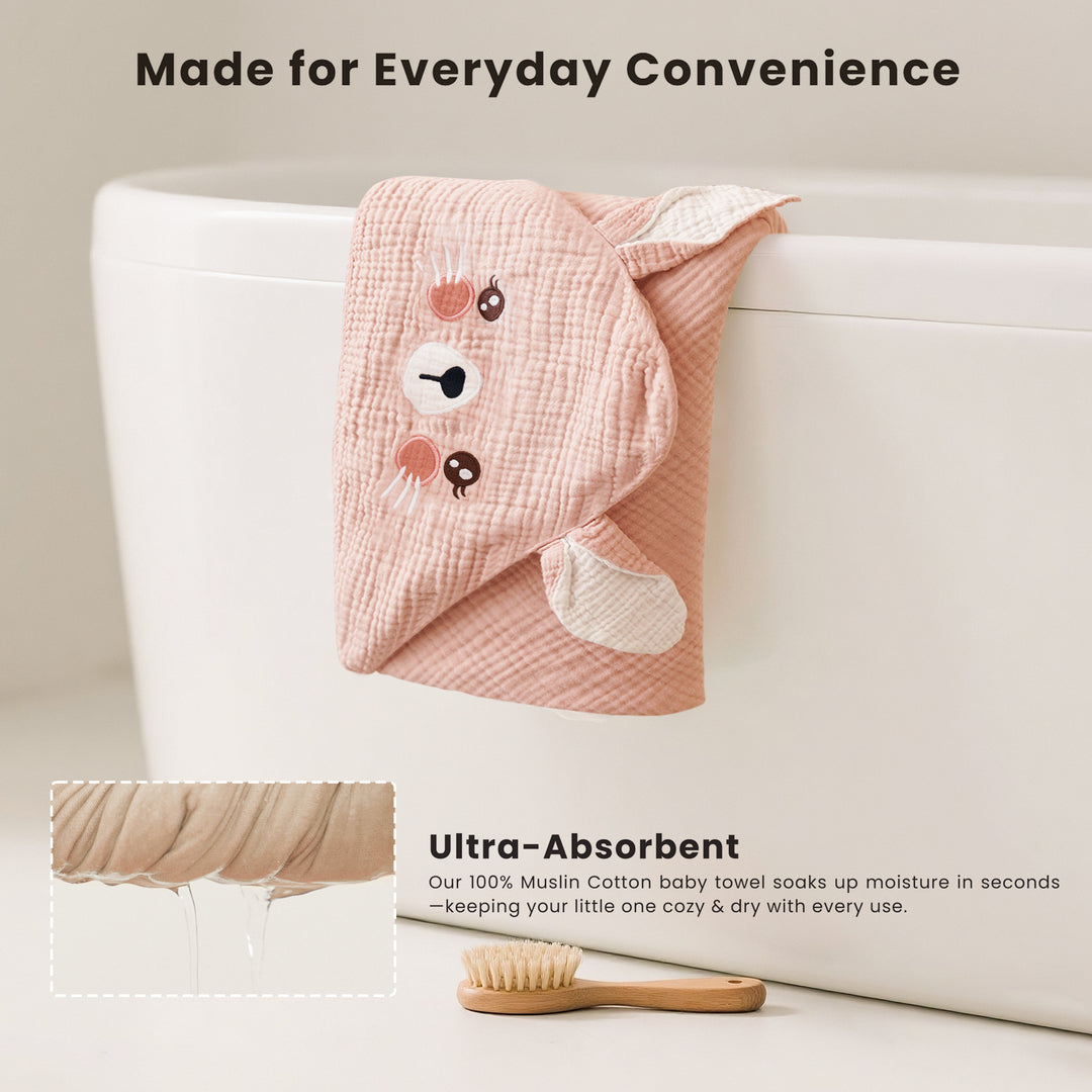 Konssy 2-Pack Muslin Baby Hooded Towels, 100% Cotton, Soft and Absorbent Baby Bath Towels for Newborn, Infant & Toddler with Animal Hooded Design