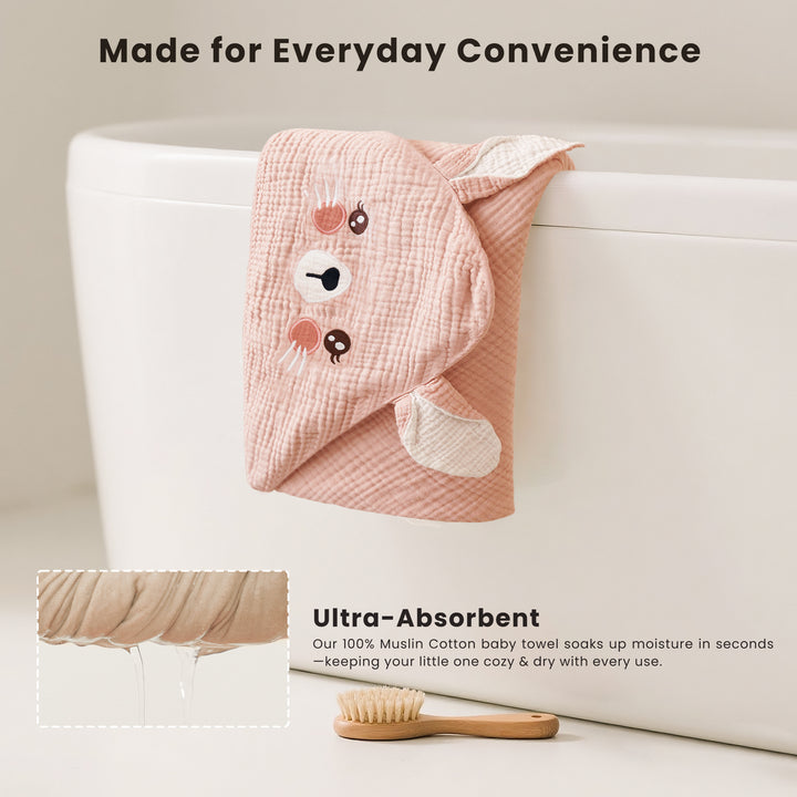 Konssy 2-Pack Muslin Baby Hooded Towels, 100% Cotton, Soft and Absorbent Baby Bath Towels for Newborn, Infant & Toddler with Animal Hooded Design