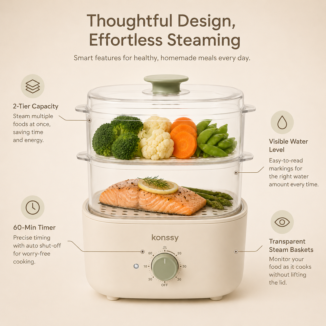 Konssy Electric Food Steamer, 2-Tier Vegetable Steamer with BPA-Free Baskets