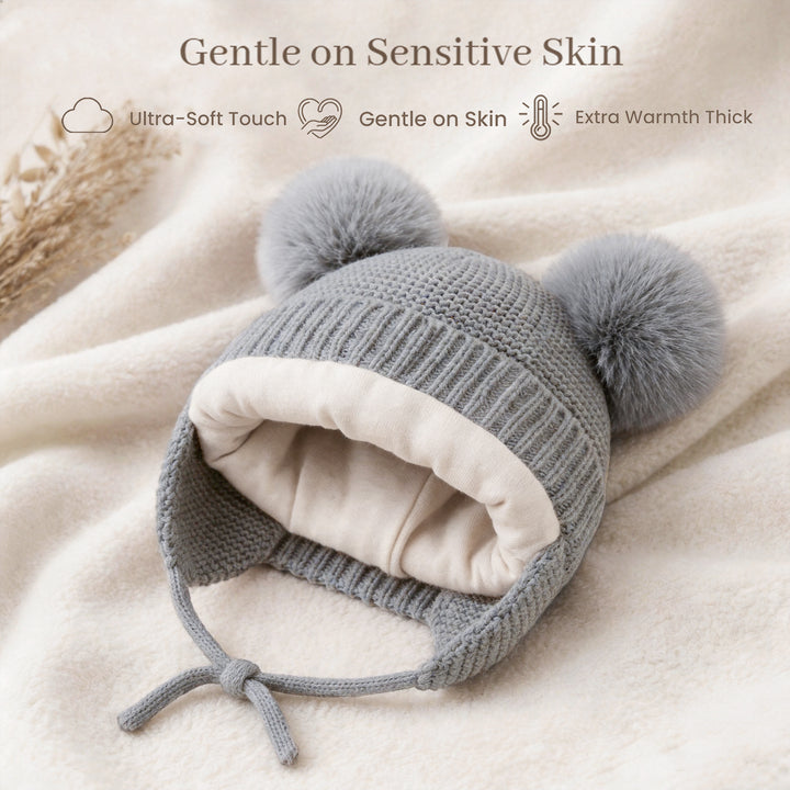 Konssy 2 Pack Baby Beanie Hat with Ear Flaps, Newborn Winter Hat 0-6 Months/60% Soft Cotton Lining to Help Retain Warmth, Secure Tie Closure, Comfy Double Pom-Pom Knit Winter Hat for Baby Boys Girls