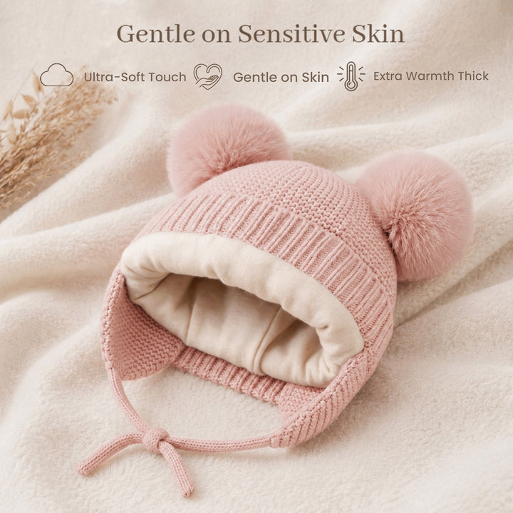 Konssy 2 Pack Baby Beanie Hat with Ear Flaps, Newborn Winter Hat 0-6 Months/60% Soft Cotton Lining to Help Retain Warmth, Secure Tie Closure, Comfy Double Pom-Pom Knit Winter Hat for Baby Boys Girls