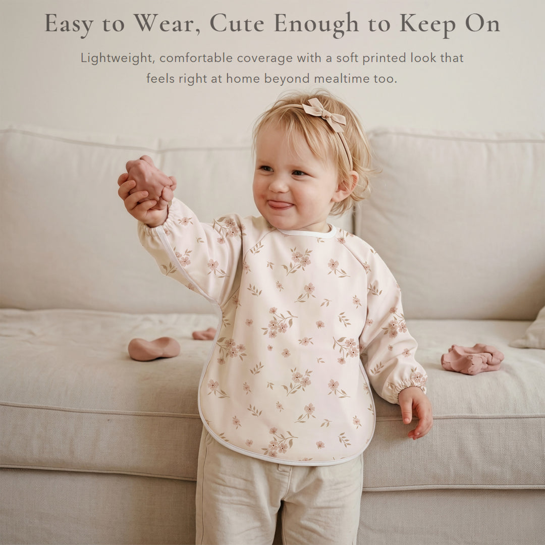 Konssy Long Sleeve Baby Bibs for Eating, Soft-Touch PU Waterproof Feeding Smock with Catch-All Pocket, Full Coverage Bib with Sleeves