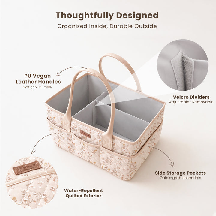 Konssy Floral Quilted Diaper Caddy Organizer, Diaper Caddy Basket with PU Leather Handles, Water-Repellent Nursery Storage Basket, Portable Car Organizer, Registry Search Must Haves (Floral)