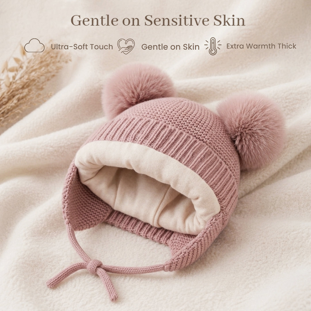 Konssy 2 Pack Baby Beanie Hat with Ear Flaps, Newborn Winter Hat 0-6 Months/60% Soft Cotton Lining to Help Retain Warmth, Secure Tie Closure, Comfy Double Pom-Pom Knit Winter Hat for Baby Boys Girls