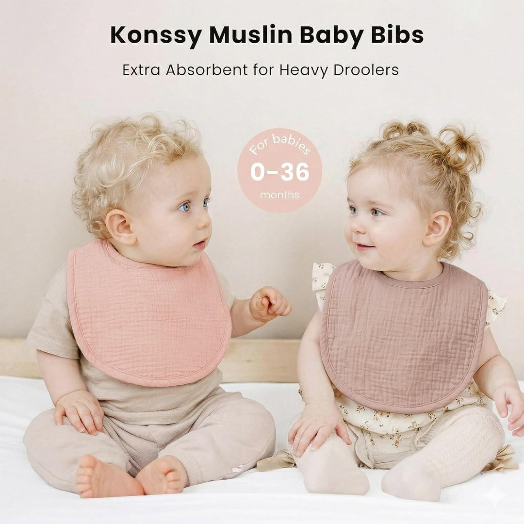 Konssy 8-Pack Muslin Baby Bibs, Adjustable Fit for Drooling and Teething Soft Absorbent, Drool Bibs for Baby Boys Girls, Cotton Front with Fleece Backing, Newborn to Toddler 0-36M