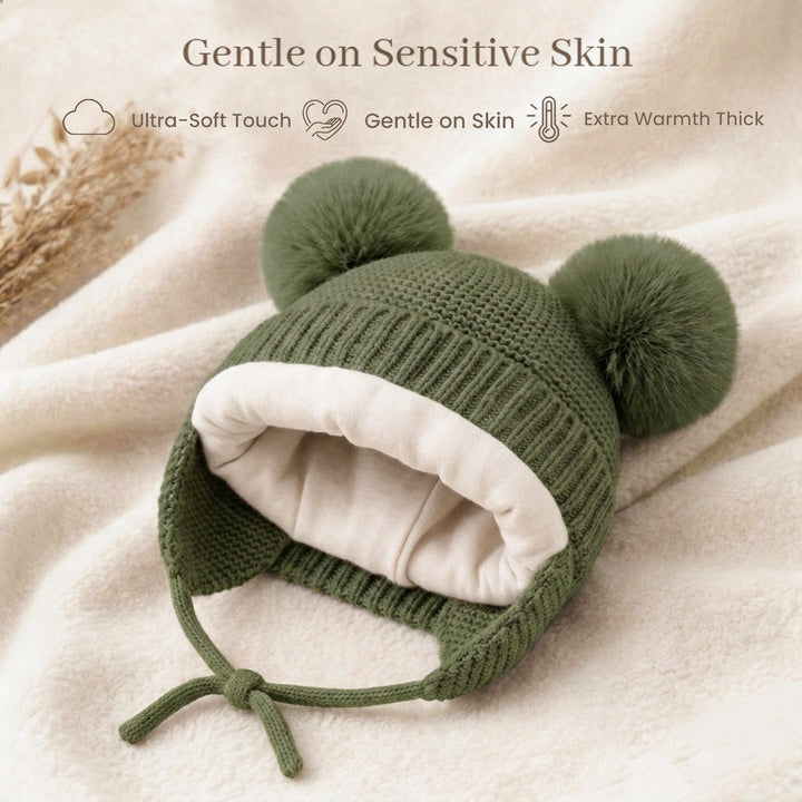 Konssy 2 Pack Baby Beanie Hat with Ear Flaps, Newborn Winter Hat 0-6 Months/60% Soft Cotton Lining to Help Retain Warmth, Secure Tie Closure, Comfy Double Pom-Pom Knit Winter Hat for Baby Boys Girls