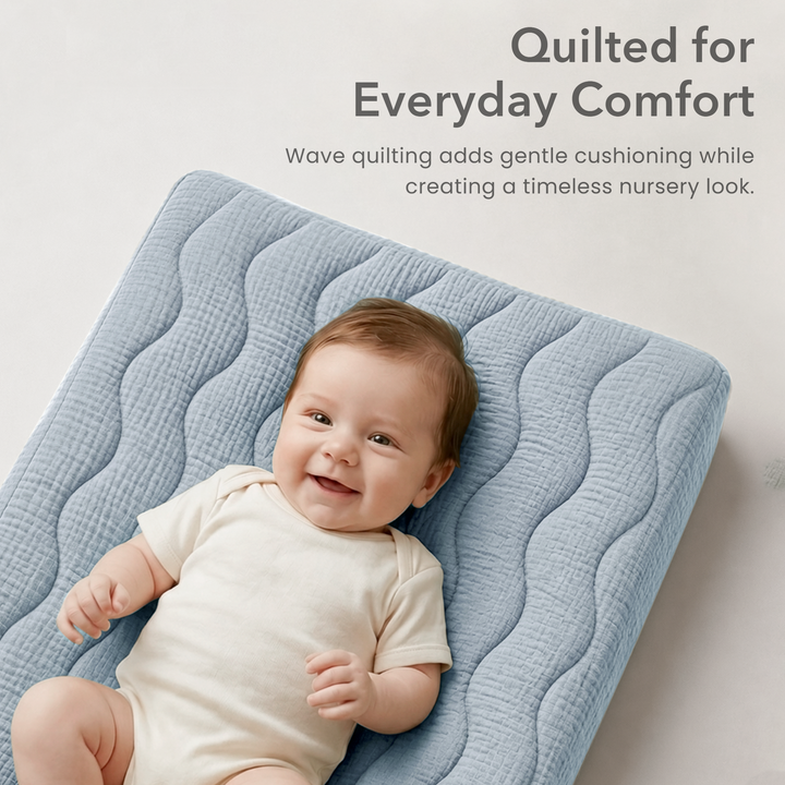Konssy Waterproof Muslin Changing Pad Cover 2 Pack, 100% Cotton Quilted Diaper Changing Table Sheets, Soft Breathable Boho Nursery Bedding for Baby, Silent & Absorbent Standard Fit