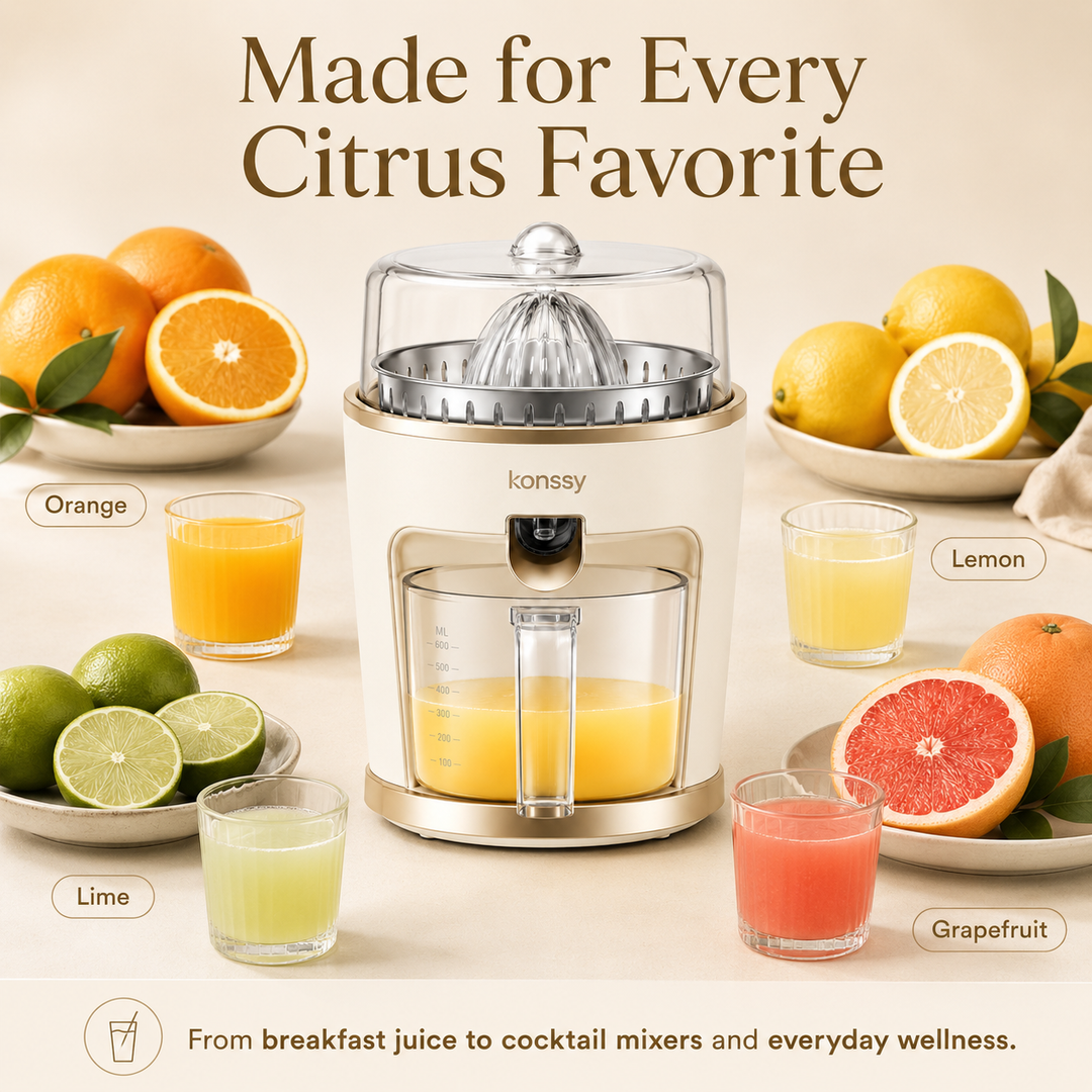 Konssy Electric Citrus Juicer Machine, Orange Lemon Lime Grapefruit Juice Extractor with 2 Reamer Sizes