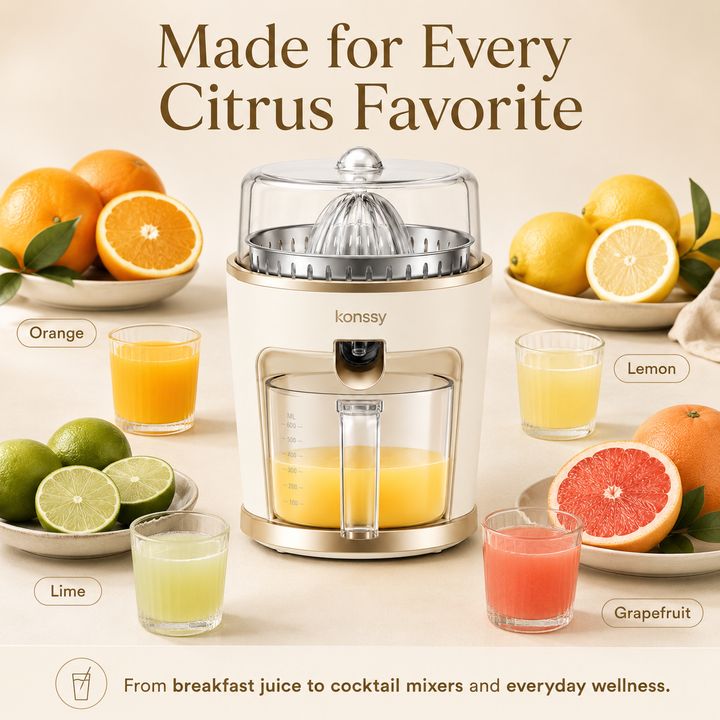 Konssy Electric Citrus Juicer Machine, Orange Lemon Lime Grapefruit Juice Extractor with 2 Reamer Sizes