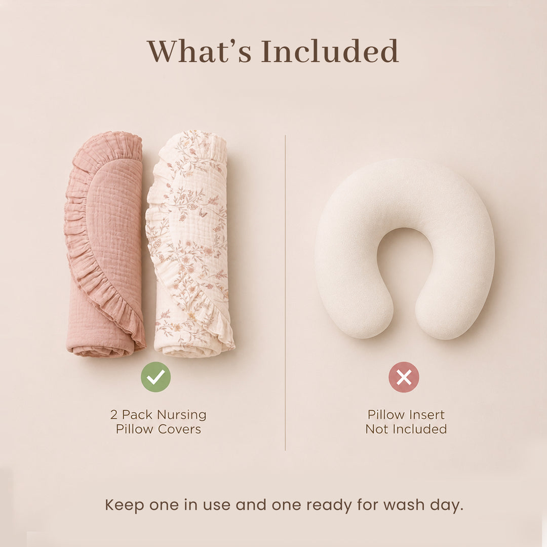 Konssy 2Pack 100% Muslin Cotton Soft Nursing Pillow Covers with Ruffle Trim Covers Only, Breathable & Machine Washable Slipcover, Baby Breastfeeding Pillow Cover for Newborn Boys & Girls, in gift box
