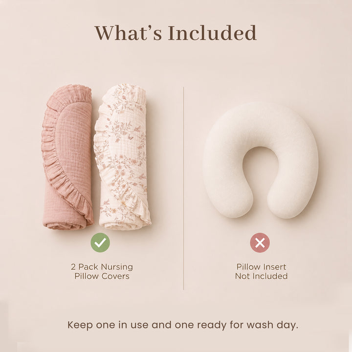 Konssy 2Pack 100% Muslin Cotton Soft Nursing Pillow Covers with Ruffle Trim Covers Only, Breathable & Machine Washable Slipcover, Baby Breastfeeding Pillow Cover for Newborn Boys & Girls, in gift box